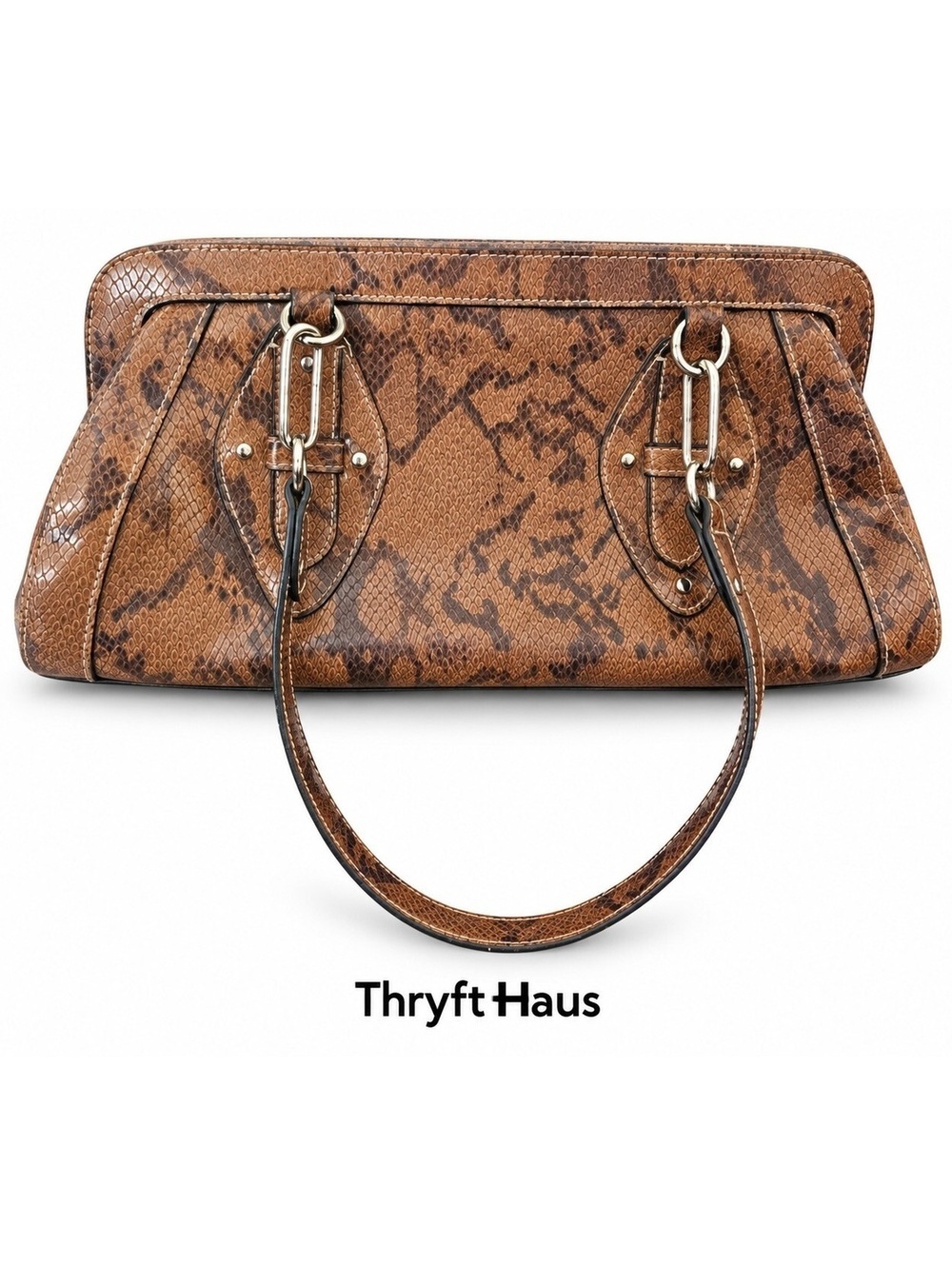 Worthington Snake Print Satchel Shoulder Bag Brown/Black Zip Silver Hardware